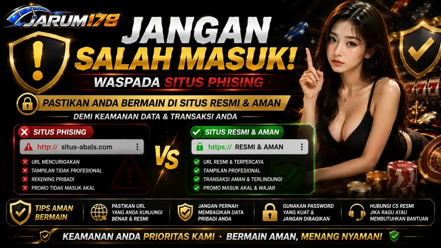 Banner Jarum178 yang mengingatkan pengunjung memeriksa situs resmi dan waspada phishing